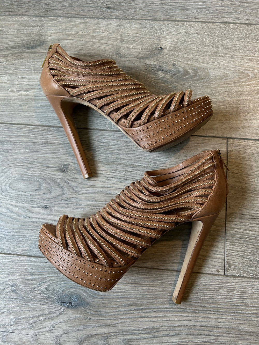 Dior Brown Strappy Studded Caged Platform Stiletto Heels Size 38.5